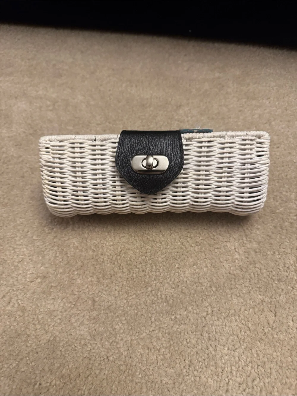 White Woven Cosmetic Case with Black Leather Trim